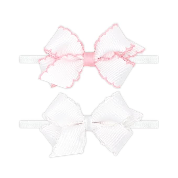 Wee Ones Girls' GIFT PACK Two Mini Moonstitch Grosgrain Bows on Skinny Nylon Band, Mini, Light Pink and White