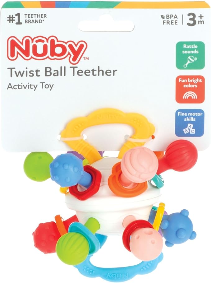 Nuby Twist Ball Teether Activity Toy with Rattle and Fun Bright Colors - Montessori Sensory Toy Develops Fine Motor Skills - 3 + Months - Easter Basket Stuffer
