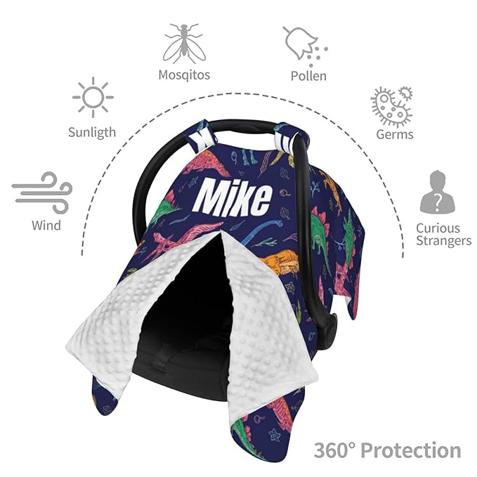 Custom Baby Car Seat Canopy for Babies with Name, Personalized Dinosaur Navy Baby Car Seats Covers for Boys, Opening Minky Nursing Breastfeeding Stroller Cover Infant Carseat Canopies for Newborn