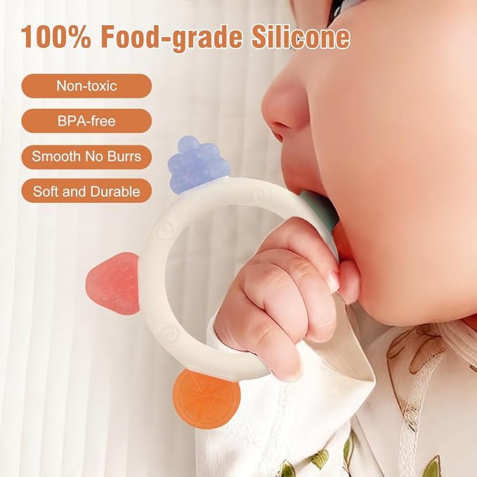 Baby Teething Toys with Silicone Pacifier Clip, Silicone Teether BPA Free, Teething Relief, Chew Toy for Sore Gums, Easy to Hold for Babies 3-6, 6-12 Months (4-Pack)