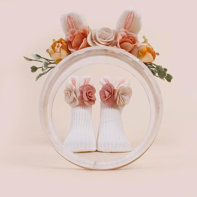 Baby Girls Headband & Socks Set, Cute Socks with Flower Hair Bows Baby Accessories Gifts for Newborn Infant Toddler