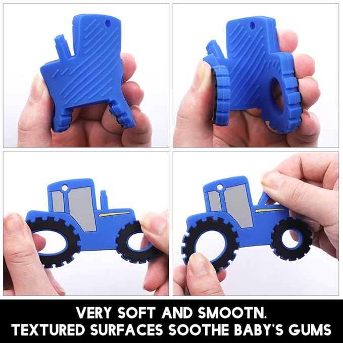 Baby Food Grade Silicone Tractor Car Teether Toy with Pacifier Clip Holder,Teething Pain Relief Toys Gift Set for 3 Months+ Boys and Girls,Freezer Safe,BPA Free (Blue)