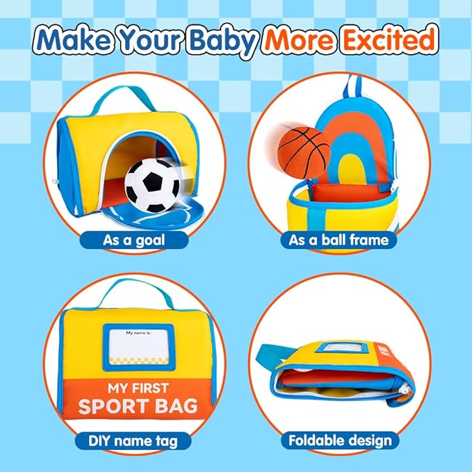 teytoy My First Sports Bag for Baby,Stuffed Plush Playset with Soft Basketball,Baseball,Football,Soccer,Golf Ball,Volleyball Baby Birthday Gift Toys for 1 Year Old Boys Girls
