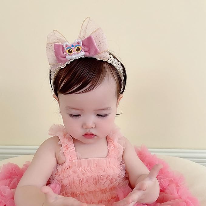Cute Lace Bow Baby Girls Headbands Large Knot Hair Band Soft Chiffon Hairband Elastic Shower Hair Accessories for Newborn Infant Toddler Kids (Lion, Elastic)