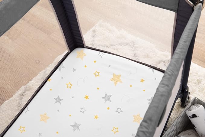 American Baby Company 100% Natural Cotton Fitted Pack and Play Sheet 39" x 27" - Soft & Breathable Pack N Play Sheet for Playpen, Playard & Mini Crib Mattress, Golden Yellow Star, for Boys & Girls