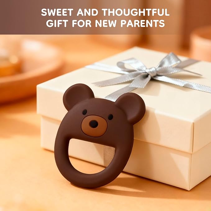 Bear-Shaped Silicone Teether for Baby 0–12 Months, Soft Textured Teething Ring with Easy-Grip Open Design, One-Piece Food-Grade Silicone Teething Toy for Infants (Brown)