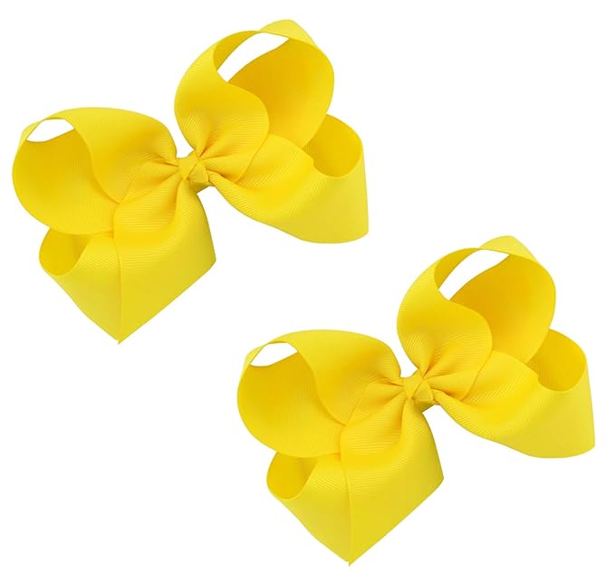 DEEKA 2 PCS 6" Big Hand-made Grosgrain Ribbon Solid Color Hair Bows Alligator Clips Hair Accessories for Little Teen Toddler Girls Kids Set of 2 -Yellow