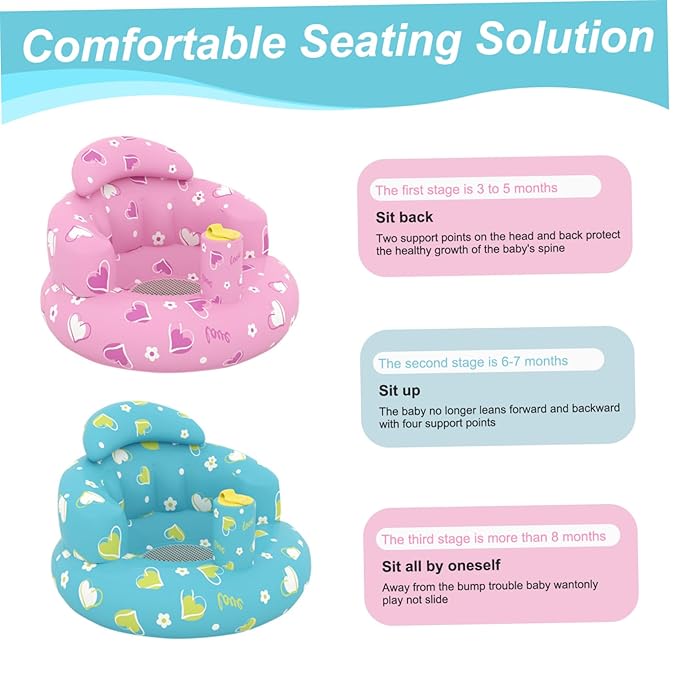 Baby Seat Inflatable Baby Chair Cute Inflatable Baby Seat Stable Blow Up Baby Chair with Built in Pump Baby Seat for Babies 3-36 Months, Floor Seater Gifts., pink