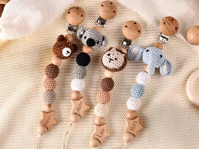 Personalized Baby Pacifier Clip with Cute Crocheted Animal,Custom Paci Holder with Engraved Name,Baby Shower Gift,Newborn Gift (style2)