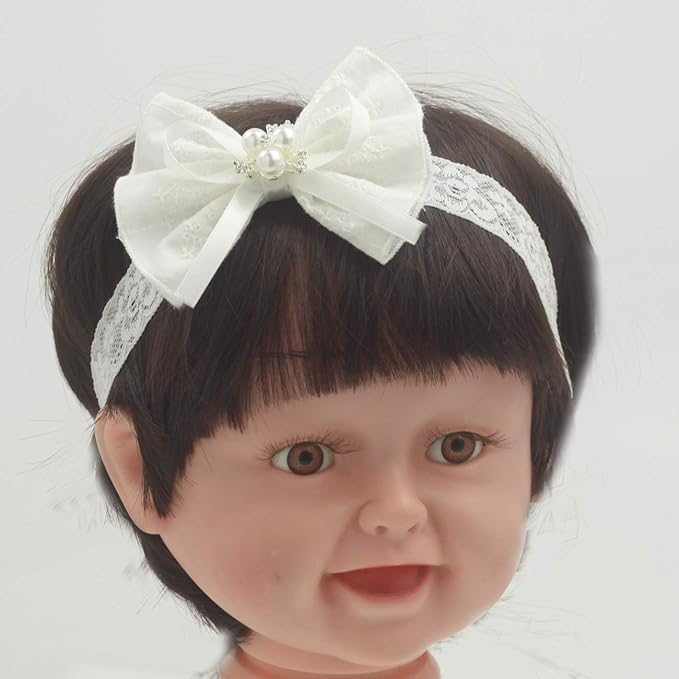 Baby Bow Headband for Baptism Christening Lace Hair Band (0-6 months,A-off white bow with imitation pearl)
