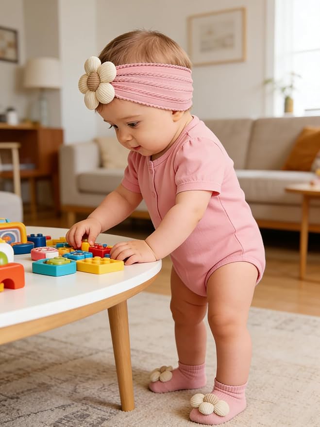 WillingTee Baby Girl Headband and Socks, Non-Slip Floral Socks and Soft Floral Nylon Hairbands for Babies Infants and Toddlers