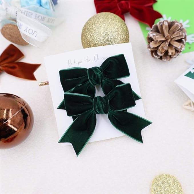 2 Pcs Cute Dark Green Velvet Hair Bow Clips 3" Bowknot Alligator Clip Barrettes Hairpins for Girl Kids Accessories