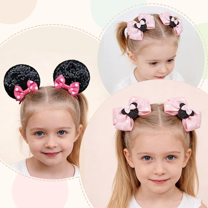 2 Pairs Pink Dot Mouse Ears Hair Clips & Mouse Hair Bows Barrettes for baby Girls Accessories Birthday Party Decorations Gift
