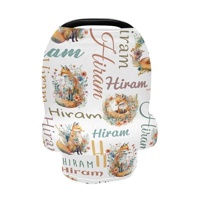 Personalized Monogram Name Baby Car Seat Covers for Girls Boys, Customized Cute Fox Carseat Cover, Breathable Nursing Cover Breastfeeding Scarf, Multi-Use Stroller Canopy for Newborn Infants