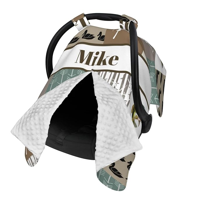 Custom Baby Car Seat Canopy with Name, Personalized Hunting Theme Baby Car Seats Covers for Baby Boy, Opening Minky Nursing Breastfeeding Cover for Infant, Carseat Canopies for Newborn