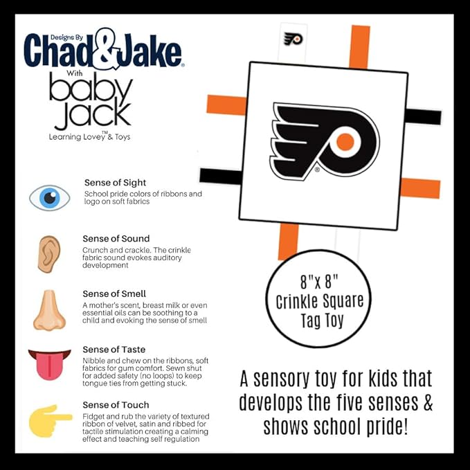 The Learning Lovey Philadelphia Flyers Baby Tag Toy, NHL Hockey Sensory Crinkle Toys, Soft & Safe, Ideal Stroller, BPA-Free with Clip, 8" x 8"