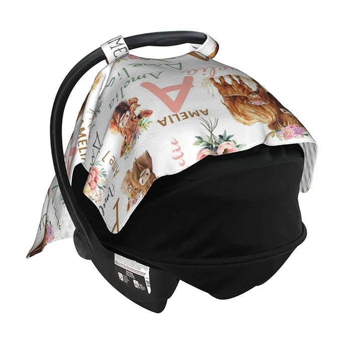 Personalized Highland Cattle Baby Car Seat Canopy for Girls, Custom Name Baby Carseats Cover, Multi-use Nursing Breastfeeding Scarf for Infant Newborn, Cute Cow Strollers Carseat Canopies