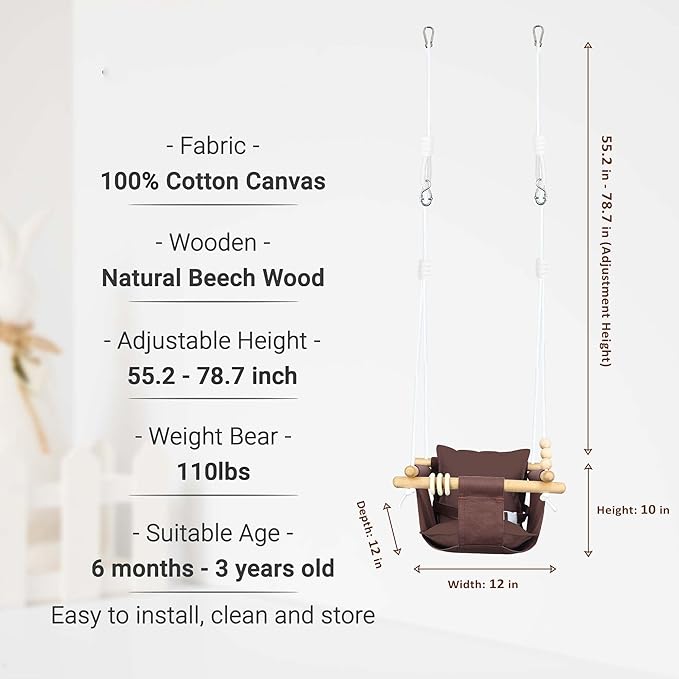 Baby Swing Outdoor and Indoor - Canvas Baby Swing 6 Months to 3 Years, Durable Baby Swing Chair, Indoor Baby Swing, Outdoor Baby Swing, Full Set of Ceiling Screws (Brown)