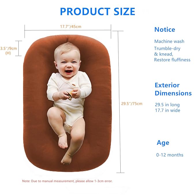 Baby Lounger, Baby Lounger for Newborn 0-24 Months, 100% Breathable Cotton Baby Nest for Tummy Time & Diaper Changes, Portable Infant Essentials for Home & Outdoor(Coffee)