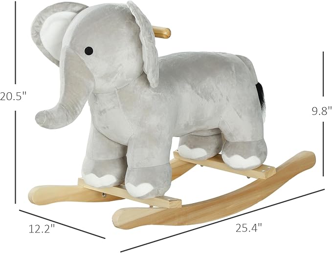 Qaba Rocking Horse, Kids Rocking Animal, Elephant Rocker with Realistic Sounds, Plush Ride on Toy for Years 2-4, Gray