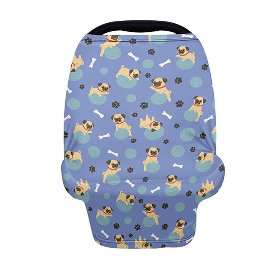 Binienty Cute Pug Infant Carseat Canopy, Dog Paw Prints Breathable Breastfeeding Scarf for Moms, Stretchy Fabric All-Season Use Baby Stroller Canopies