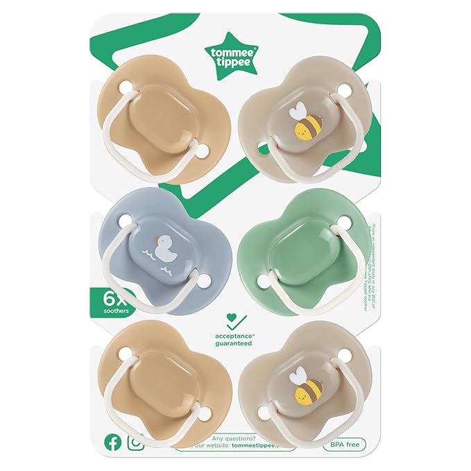 Tommee Tippee Anytime Matte Pacifiers, 18-36 Months, Symmetrical Baglet, BPA-Free Binkies, Blue/Green/Grey, Pack of 6