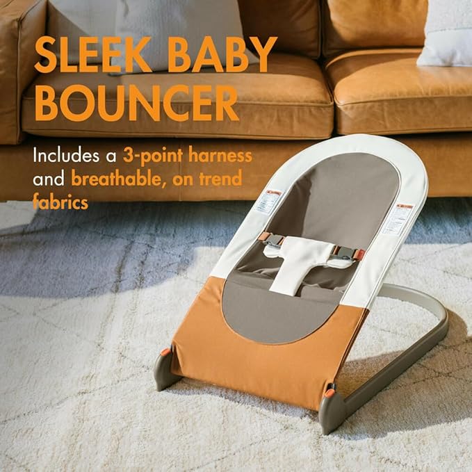 Boon Slant Portable Baby Bouncer - Folding Baby Seat for Infants - Lightweight Portable Baby Chair with Machine Washable Fabric and 3-Point Harness - Tan