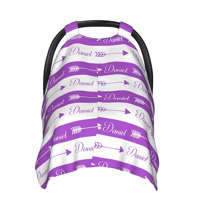 Personalized Baby Name Car Seat Covers with Tribal Arrows, Custom Carseat Canopy, Peekaboo Opening Nursing Wrap Breastfeeding Car Seat Canopies for Baby Boys Girls Newborn (Purple Arrow Minky Dot)