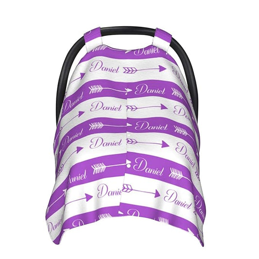 Personalized Baby Name Car Seat Covers with Tribal Arrows, Custom Carseat Canopy, Peekaboo Opening Nursing Wrap Breastfeeding Car Seat Canopies for Baby Boys Girls Newborn (Purple Arrow Minky Dot)