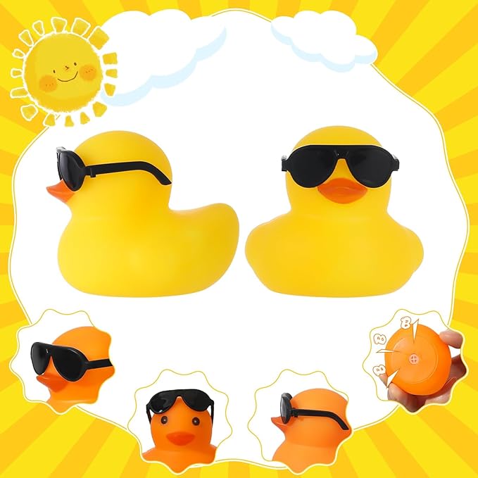 24 Set Mini Rubber Ducks with Sunglasses, Tiny Rubber Ducks Bulk for Car Dashboard Decorations Cruise Birthday Party Favors (Yellow)