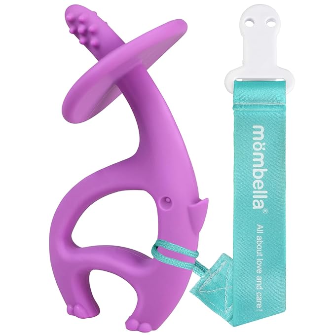 Mombella Baby Teething Toys for Babies 3 6 12 Months with Attachment to Clip on, Soft Silicone Teether Toys, 2 in 1 Elephant Teethers & Pre-Training Toothbrush, 9 Month Old Infant Chew Toys, Purple