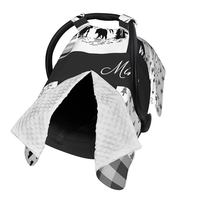 Personalized Woodland Theme Baby Car Seat Canopy for Babies with Name, Custom Bear Baby Car Seat Covers for Boys Girls, Opening Minky Nursing Breastfeeding Cover Infant Carseat Canopies for Newborn