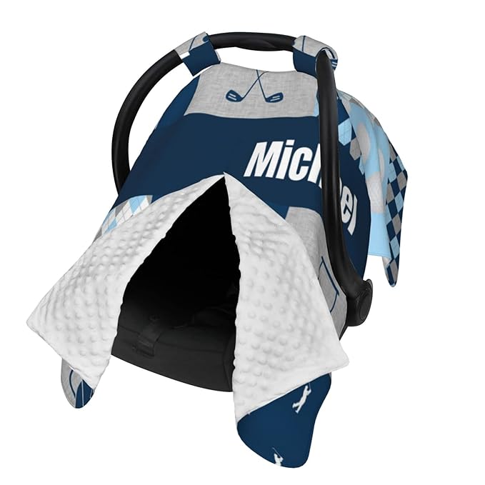 Personalized Baby Car Seat Canopy for Babies with Name, Custom Car Seat Covers for Boys, Infant Opening Minky Nursing Breastfeeding Stroller Cover Carseat Canopies for Newborn (Golf Theme)
