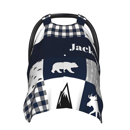 Personalized Baby Car Seat Canopy for Babies with Name, Custom Car Seat Covers for Boys, Infant Opening Minky Nursing Breastfeeding Stroller Cover Carseat Canopies for Newborn (Deer and Bear Blue)