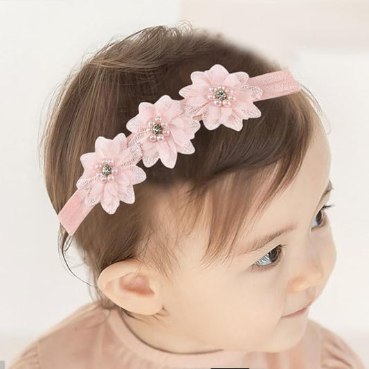 Bethynas White Flower Lace Elastic Headband for Baby Girls Floral Baptism Christening Toddler Hairband Infant Flower Pearl Birthday Party Hair Accessory for Newborn Girl (Pink)