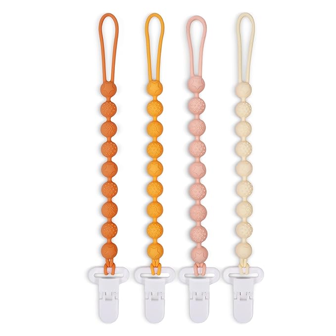 4 Pcs Brown Baby Silicone Teething Pacifier Clip,One-piece Design,Round Shape,Textured Surface,BPA Free.
