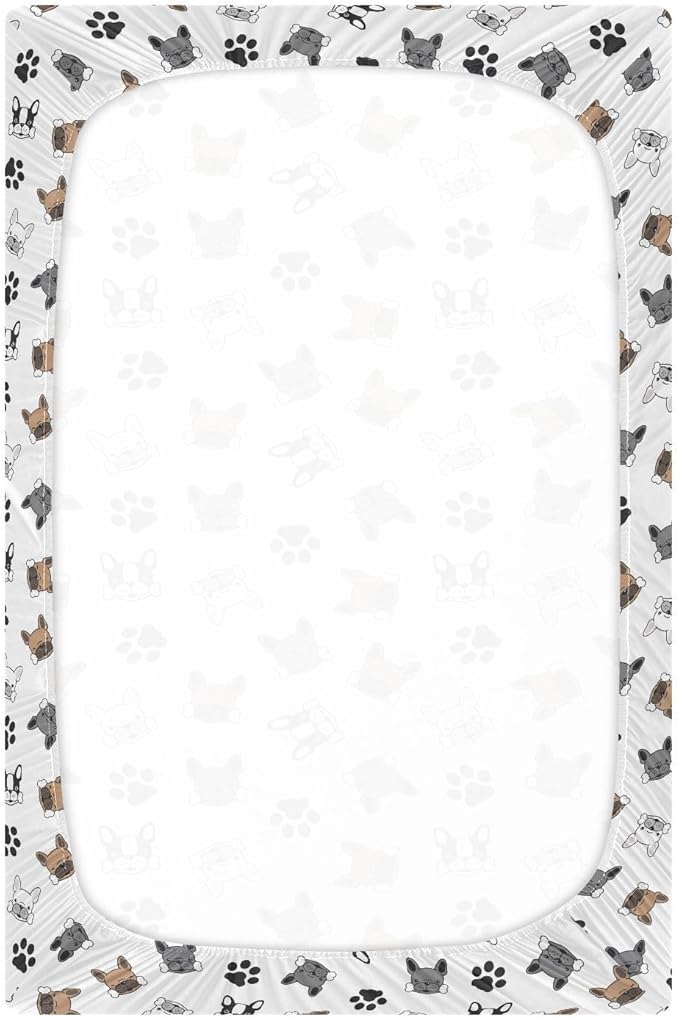 Fitted Crib Sheets Dog French Bulldog Pug Dog Paw Stretchy Portable Playard Sheets for Baby Toddler, Breathable Soft Mini Crib Mattress 39 x 27 in for Boys and Girls