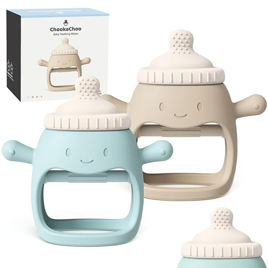ChooKaChoo 2 Pack Baby Teething Toy for Over 3 Months, Food Grade Silicone Teething Mitten, Anti Dropping Wrist Hand Teethers Baby Chew Toys for Sucking Needs, BPA Free (BabyBottle Blue)