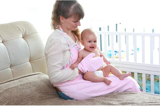 Topwon Apron Baby Bath Towel Fleece Baby Washcloth with Bathing Glove Super Water Absorption (Pink)
