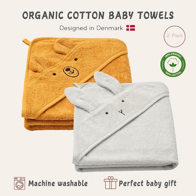 Hooded Baby Towels - 100% Organic Cotton Baby Bath Towels, 32" x 32" Super-Soft and Absorbent Baby Towels for Newborn 2-Pack (Grey/Yellow)