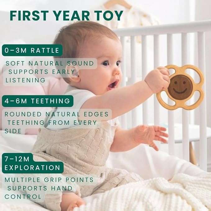 Wooden Baby Rattle & Teething Ring Flower | Natural Montessori Teething Toy Babies 0-3 3-6 6-12 Months | Non-Toxic Organic Hardwood Teether | Safe Sensory Toy Boys Girls | Baby Gift