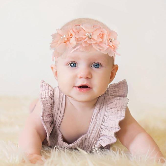 Fmeida Flower Headband for Baby Girl Floral Headbands Crown Baptism Hairband Hair Accessories Peach