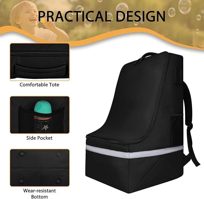 LARIPOP Car Seat Travel Bag for Airplane, Universal Gate Check Car Seat Bag, Padded Backpack with Waist Belt, Reflective Strips & Protective Feet, Fits Infant Convertible Booster Seats, Black