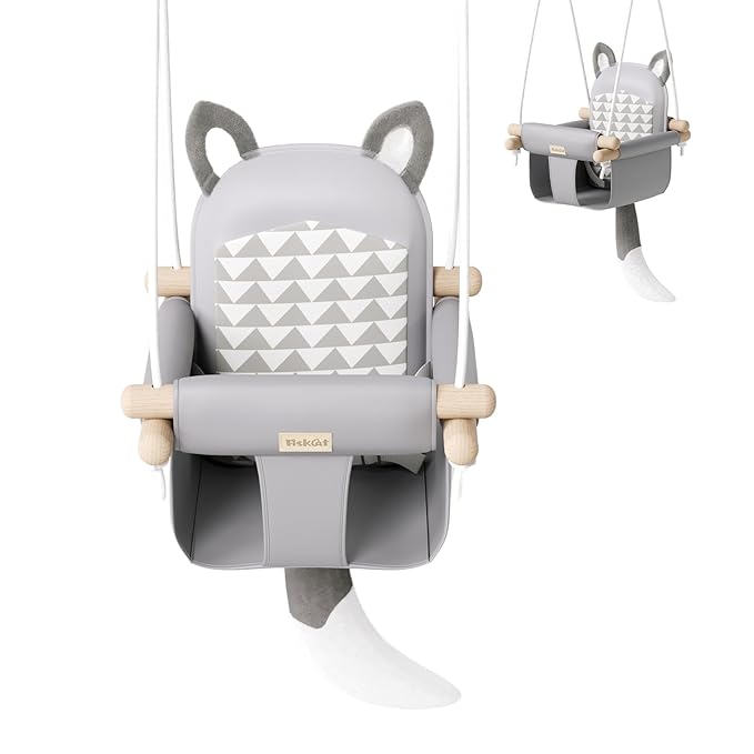 Wooden Hanging Baby Swing with Soft Safety Belt, Cozy Infant Swing Seat for Indoor & Outdoor Use, Adjustable Height, Includes Mounting Hardware – Suitable for Babies & Toddlers（Fox-Themed in Gray