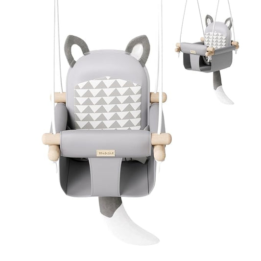 Wooden Hanging Baby Swing with Soft Safety Belt, Cozy Infant Swing Seat for Indoor & Outdoor Use, Adjustable Height, Includes Mounting Hardware – Suitable for Babies & Toddlers（Fox-Themed in Gray