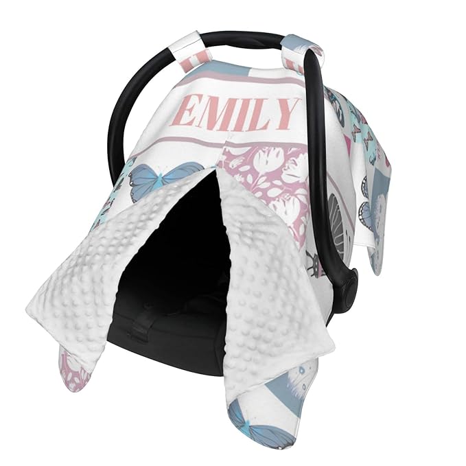 Personalized Baby Car Seat Canopy for Babies with Name, Custom Car Seat Covers for Girls, Infant Opening Minky Nursing Breastfeeding Stroller Cover Carseat Canopies for Newborn (Beautiful Butterfly)