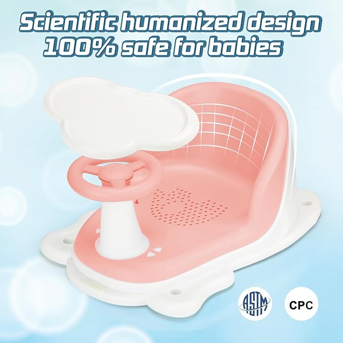 Baby Bath Seat with Tray for Babies 6 Months & Up, Baby Bathtub Seat with Ultra Strong Suction Cups, Infant Bathtub Support Chair Soft Cushion & Ergonomic Backrest, Ideal Gift for Infants (Pink)