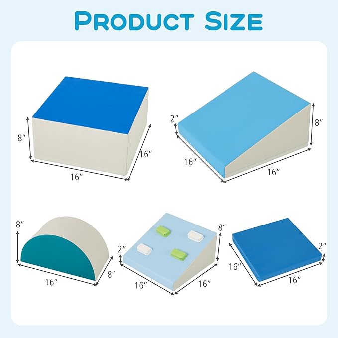 Olakids Climbing Toys for Toddlers, 6 Pieces Baby Foam Blocks Soft Play Set with PU Leather, Indoor Kids Climb and Crawl Sliding Activity Structure Gym Playground Climber (Azure)