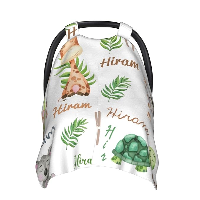 Personalized Name Car Seat Cover for Babies, Customized Peekaboo Opening Carseat Canopy for Baby, Multiuse Nursing Cover Breastfeeding Scarf Stroller Canopies, Gift for Newborn Infant, Cute Animal