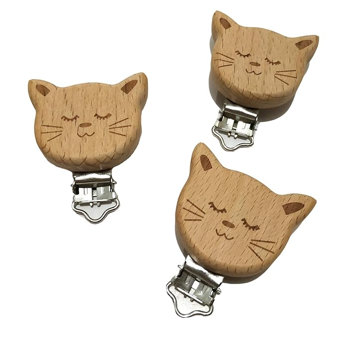5pcs Natural Wood Suspender Pacifier Clips Cute Beech Wooden Animal Cat Shape Clips DIY Beading Pacifier Chain Accessory